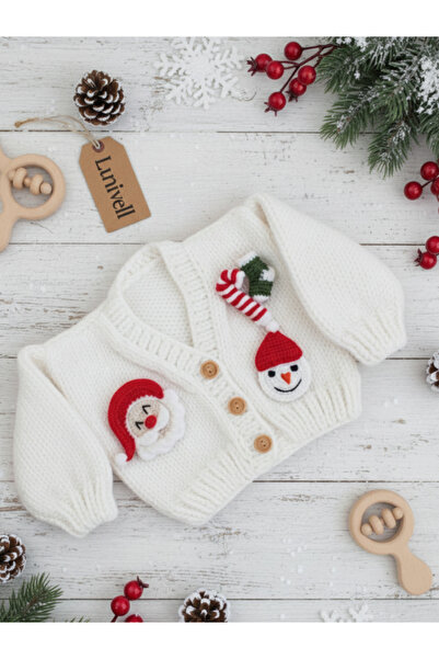 LunivellArt Christmas-Themed Santa Claus and Snowman Detailed White Baby Cardigan