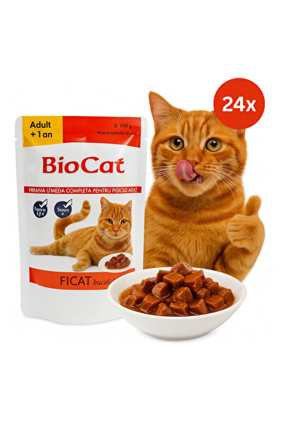 Biocat 24x Wet Food for Adult Cats – Liver in Gravy 100g | Sachet with Vitamins, Minerals and Taurine