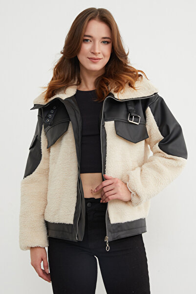 Fulla Moda Double Pocket Faux Leather Detailed Plush Coat