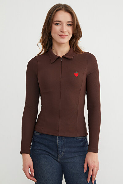 Fulla Moda Strawberry Embroidered Polo Neck Half Zipper Blouse