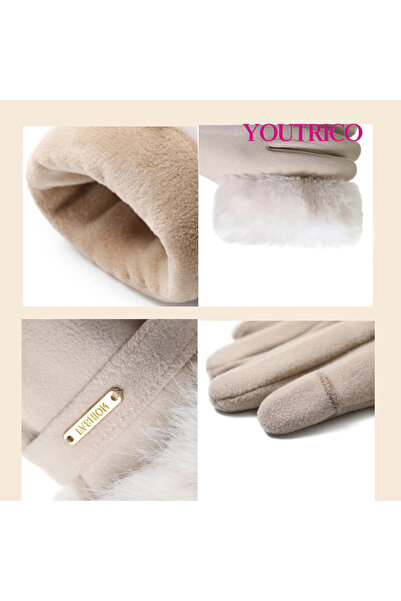 Youtrico Women's Winter Large Fur Cuff Gloves, Warm and Cold-Resistant Thick Gloves for Outdoors,gray