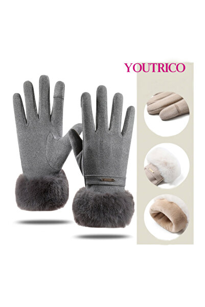 Youtrico Women's Winter Large Fur Cuff Gloves, Warm and Cold-Resistant Thick Gloves for Outdoors,gray