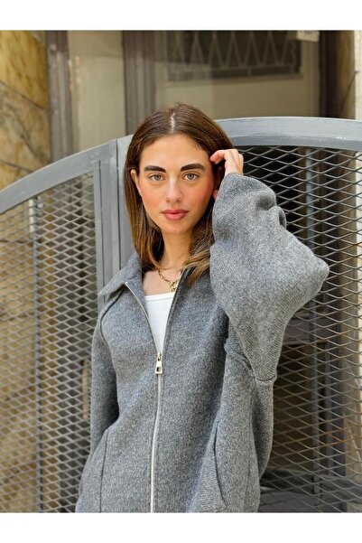 Retrobird Front Zippered Polo Collar Jacket Cardigan Women's Smoked