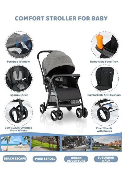 hibobi Two-Way Baby Stroller, Shock Absorption, Front/Parent Facing, Large Canopy, 5-Point Harness