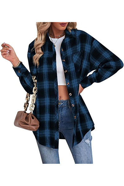 OEM Women's long-sleeved, loose-fitting, blue and black plaid shirt 2XL