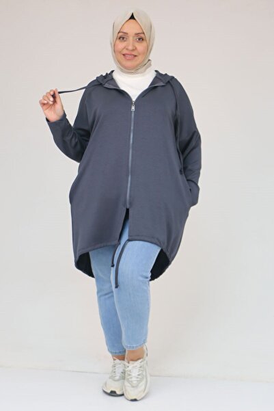 Eslina 53053 Plus Size Skirt Oval Cut Modal Jacket - Anthracite