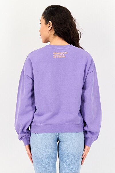 Misfit Women Ribbed Collar Graphic Print Long Sleeve Sweatshirt, Purple