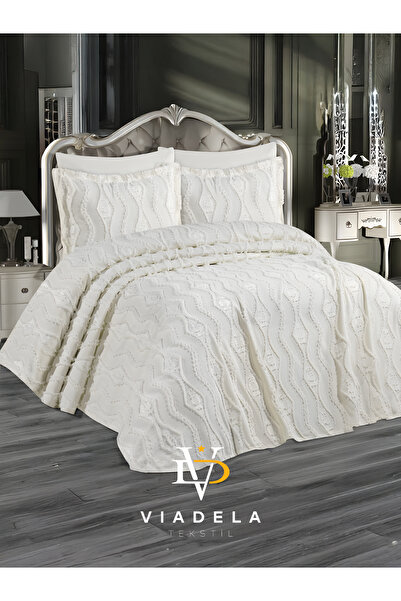 Viadela Ecru Dowry Pique Set – 240X260 cm Double Size – with 2 Pillows & Special Boxed Model