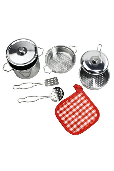 Brother Toys Metal Stainless Steel 8 Piece Toy Embossed Cookware Pan Set Kitchen Cookware Set with Accessories