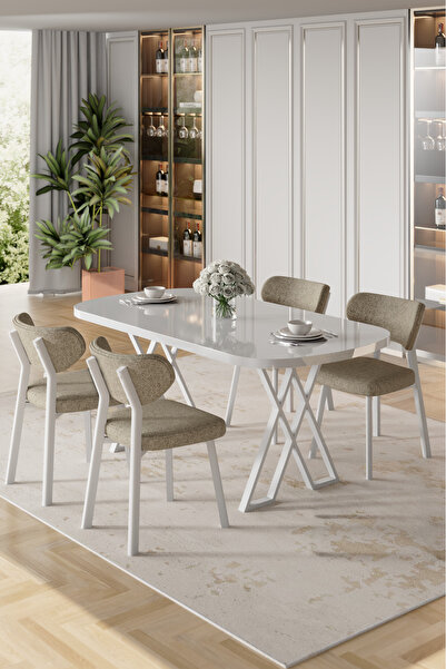 Canisa Axton Serisi Sabit Mdf 90x168 Beyaz Mutfak Masa Takımı 4 Cappucino San...