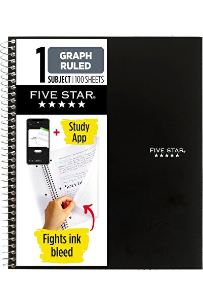 Generic Five Star Spiral Notebook, Single-Subject, 100 Wide-Ruled Sheets, 11 x 8.5 in, Black