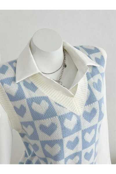 FAVORİST V-Neck Cotton Sweater with Hearts Sweater with Hearts