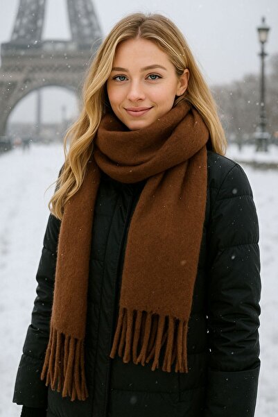 MARBERRY Camel Soft Textured Thick Wool Puff Women's Scarf 200X40 cm