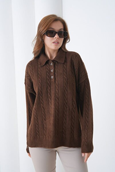 Miss Allos Women's Buttoned Front Knitted Patterned Sweater