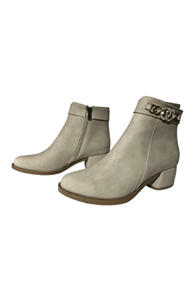 erbay shoes Beige Matte Zipper Detailed Comfortable Women's 4.5 cm Heeled Boots