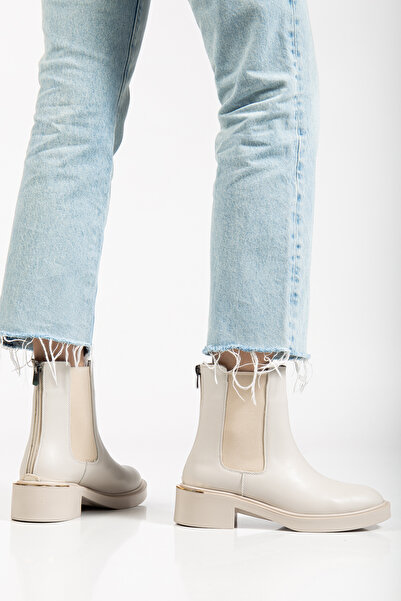 RİSSOLİ Women's Beige Leather Side Elastic Detailed Back Zipper Boots