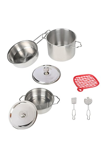 Brother Toys Metal Stainless Steel 8 Piece Toy Embossed Cookware Pan Set Kitchen Cookware Set with Accessories