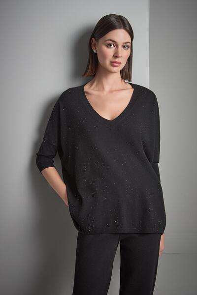 JOIN US Scarf Detailed Stone Printed Black Knitwear Blouse