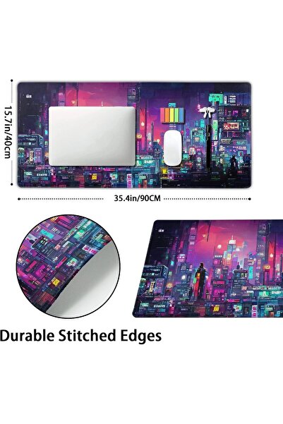 Generic Baport XXL Gaming Mouse Pad - Retro Japanese Anime City, Dark Purple & Red, Non-Slip, Stitched Edges