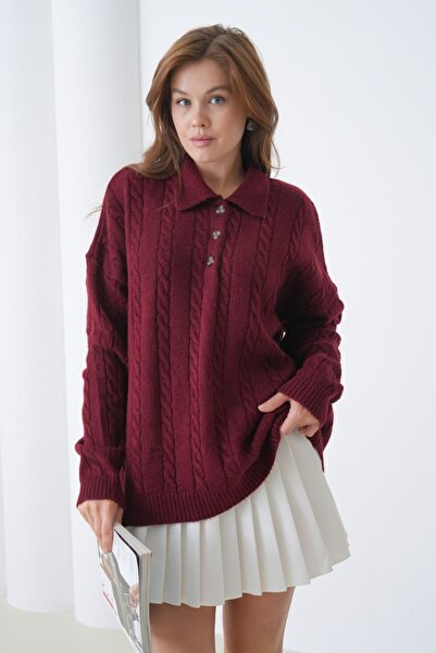 Miss Allos Women's Buttoned Front Knitted Patterned Sweater