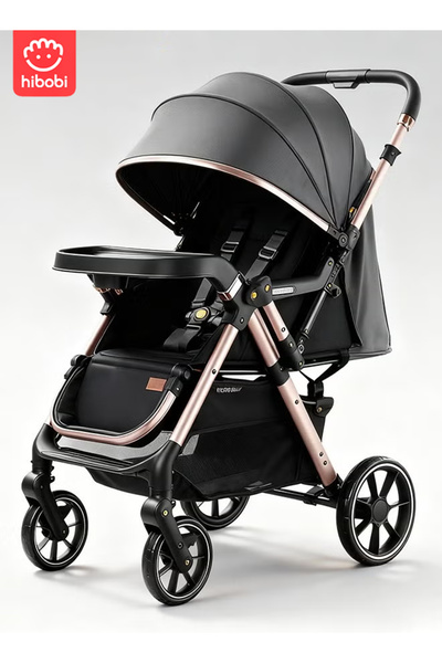 hibobi Reversible-Handle Baby Stroller, One-Click Fold, Multi-Recline, PU Wheels, 5-Point Harness