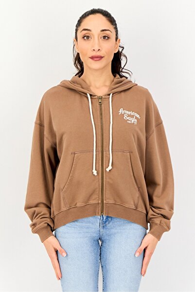 AMERICAN EAGLE Women Embroidered Logo Full Zip Hoodie, Brown