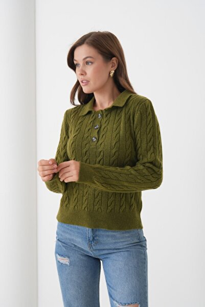 Miss Allos Women's Knitted Pattern Sweater with Button Front and Collar Detail