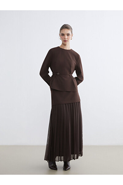 LC Waikiki Brown Crew Neck Belted Blouse