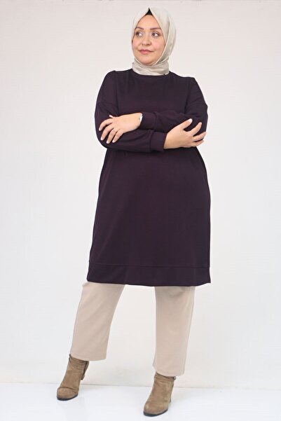 Eslina 58151 Plus Size Modal Tunic with Self-Ribbed Sleeves and Hem - Plum