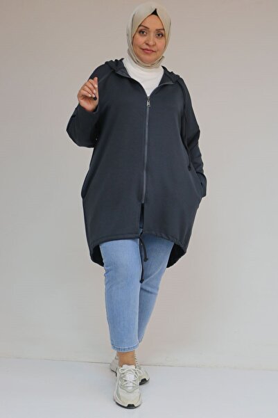 Eslina 53053 Plus Size Skirt Oval Cut Modal Jacket - Anthracite