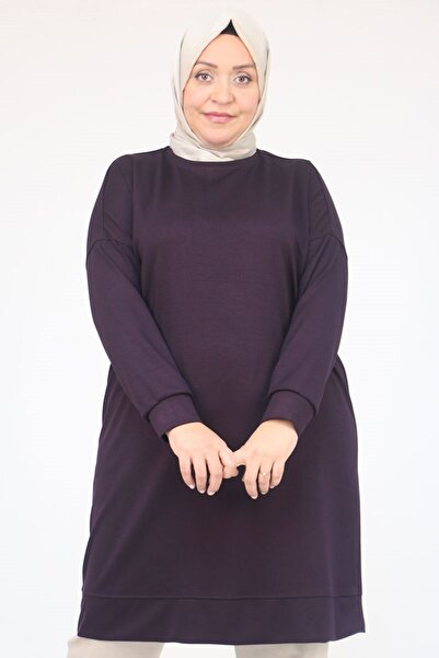 Eslina 58151 Plus Size Modal Tunic with Self-Ribbed Sleeves and Hem - Plum