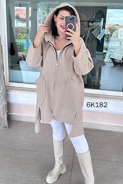 İnce Topuk Hooded Cross Pocket Boucle Coat 6K182