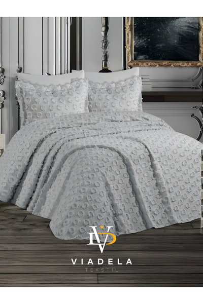 Viadela Gray Dowry Pique Set – 240X260 cm Double Size – with 2 Pillows & Special Boxed Model