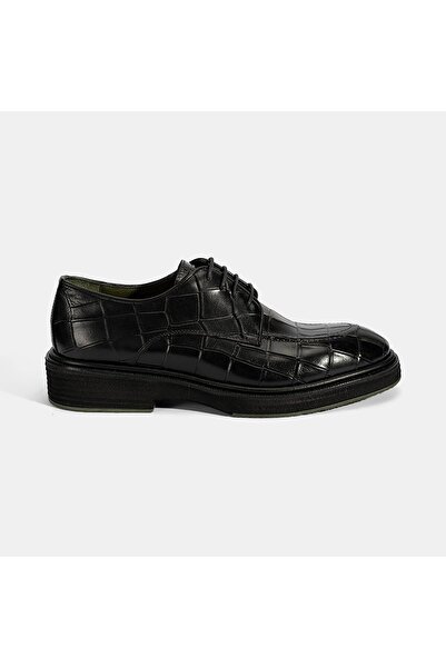 Desa Men's Black Laced Crocodile Printed Leather Classic Shoes