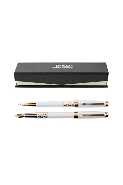 Daco Set pix și stilou Folclor Alb – corp metalic, peniță F, mină Parker, casetă elegantă