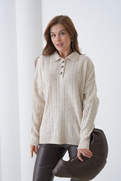 Miss Allos Women's Buttoned Front Knitted Patterned Sweater