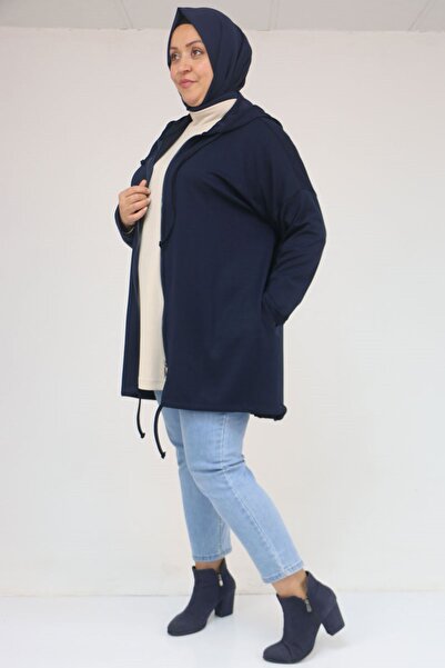 Eslina 53053 Plus Size Skirt Oval Cut Modal Jacket - Navy Blue
