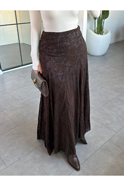 KÜBRA SÖYLEMEZ BOUTİQUE KAHVE FLOK BASKI ETEK