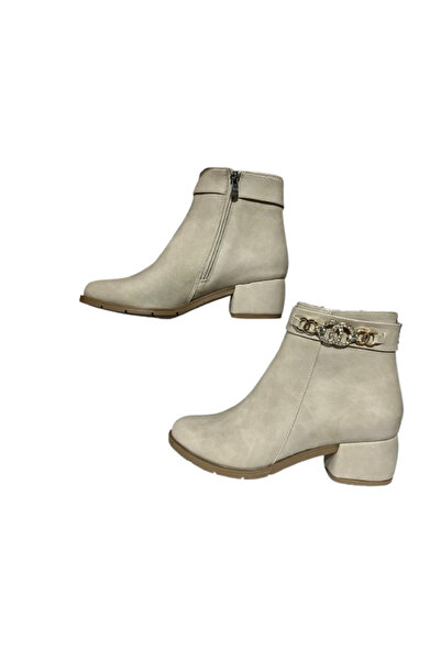 erbay shoes Beige Matte Zipper Detailed Comfortable Women's 4.5 cm Heeled Boots