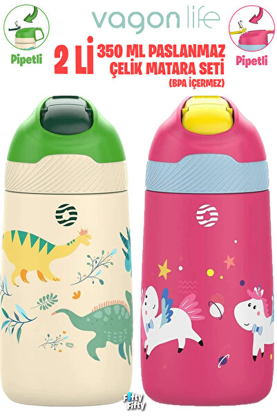 Vagonlife 2-PACK SET 350 ML Children's Straw Steel Flask Stainless Steel Thermos 5 Different Colors 2055-350ML