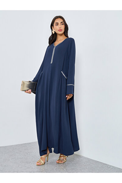 Styli Navy Blue Lace Detail A-Line Jalabiya