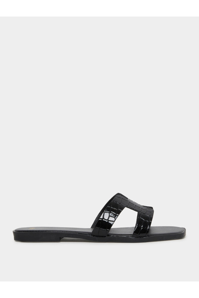 Styli Black Textured Strap Flat Sandals