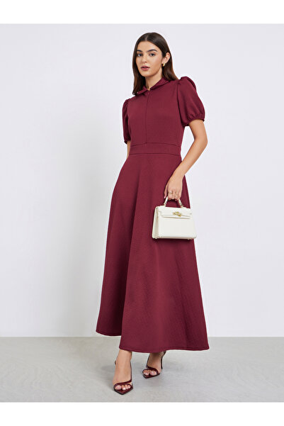Styli Burgundy Textured Maxi Dress with Puff Sleeves