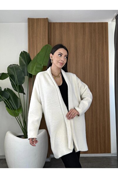 MİR Piedra Women Shawl Collar Oversized Comfortable Fit Soft Texture Bearded Cardigan
