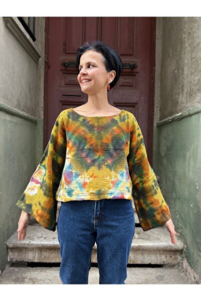 Bohoyasam Kadın Batik Bluz „Autumn Glow” – El Boyaması, %100 Pamuk/Müslin, Ge...