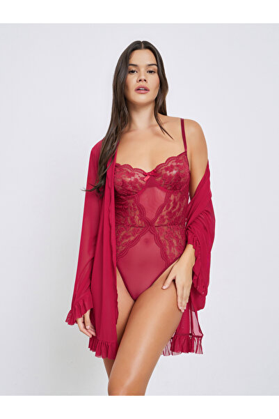 Styli Lace Panel Bodysuit with Robe and Mesh Stockings
