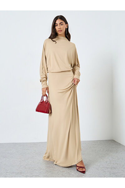 Styli Beige Blouson Draped Maxi Dress
