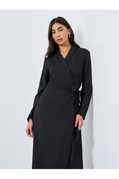 Styli Black Wrap Midi Dress with Tie Detail