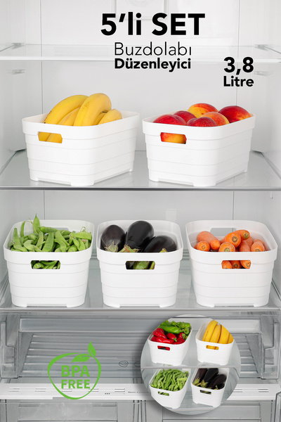 Meleni Home Organizator pentru frigider, 5 bucăți, 3800 ml - Organizator multifuncțional pentru bucătărie, baie, dulap decorativ, alb