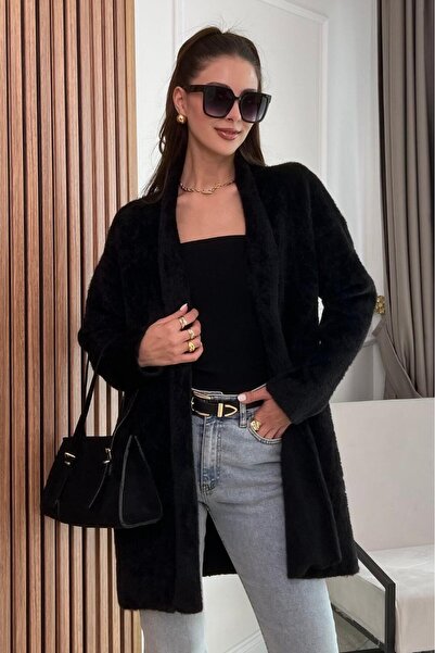 MİR Piedra Women Shawl Collar Oversized Comfortable Fit Soft Texture Bearded Cardigan